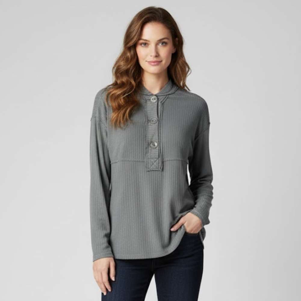 Tru Luxe‎ Jeans Ribbed Henley Blouse Women’s Small Lightweight Olive Green 3/4